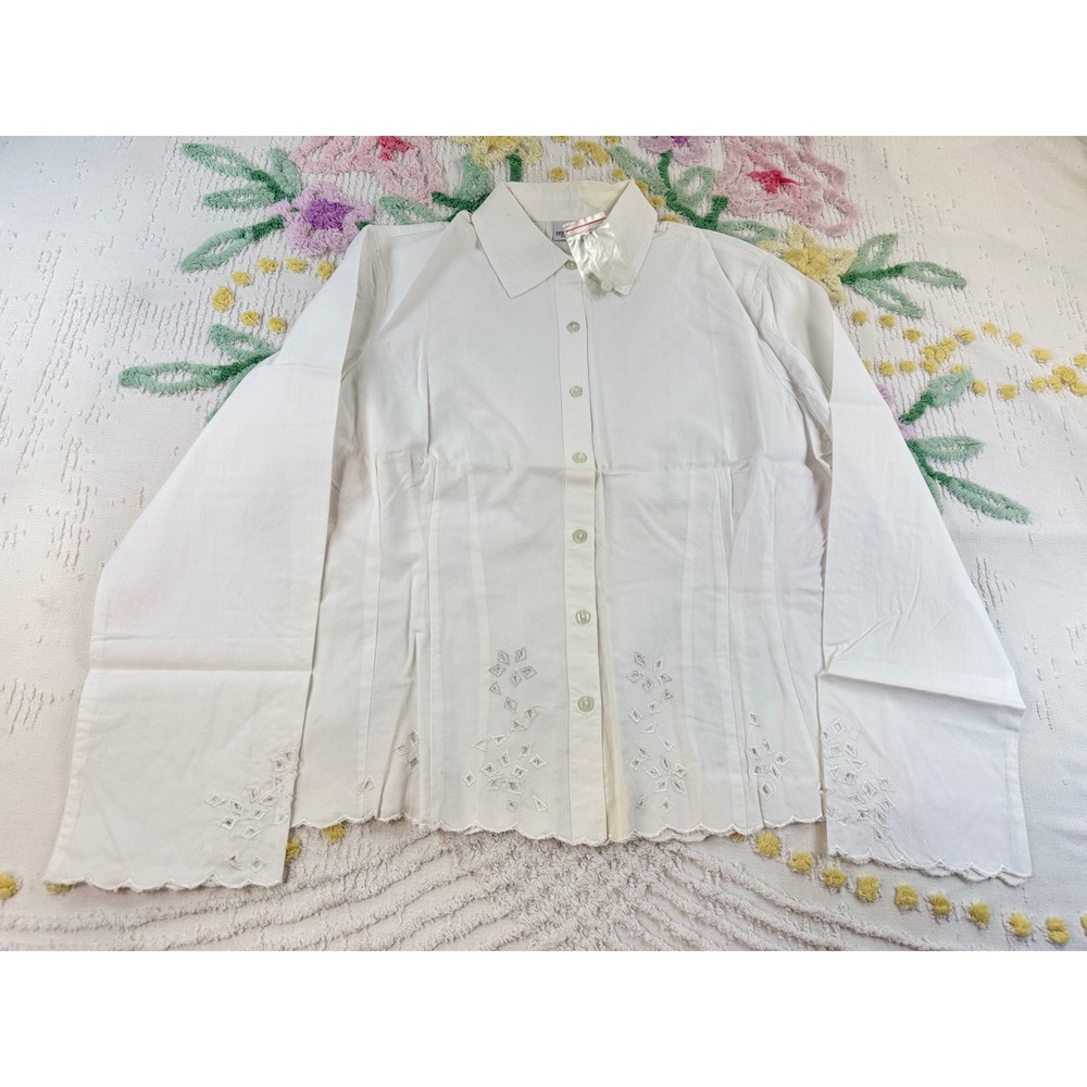 Newport News White Cotton Eyelet Scalloped Hem Button Down Shirt Blouse Size 12